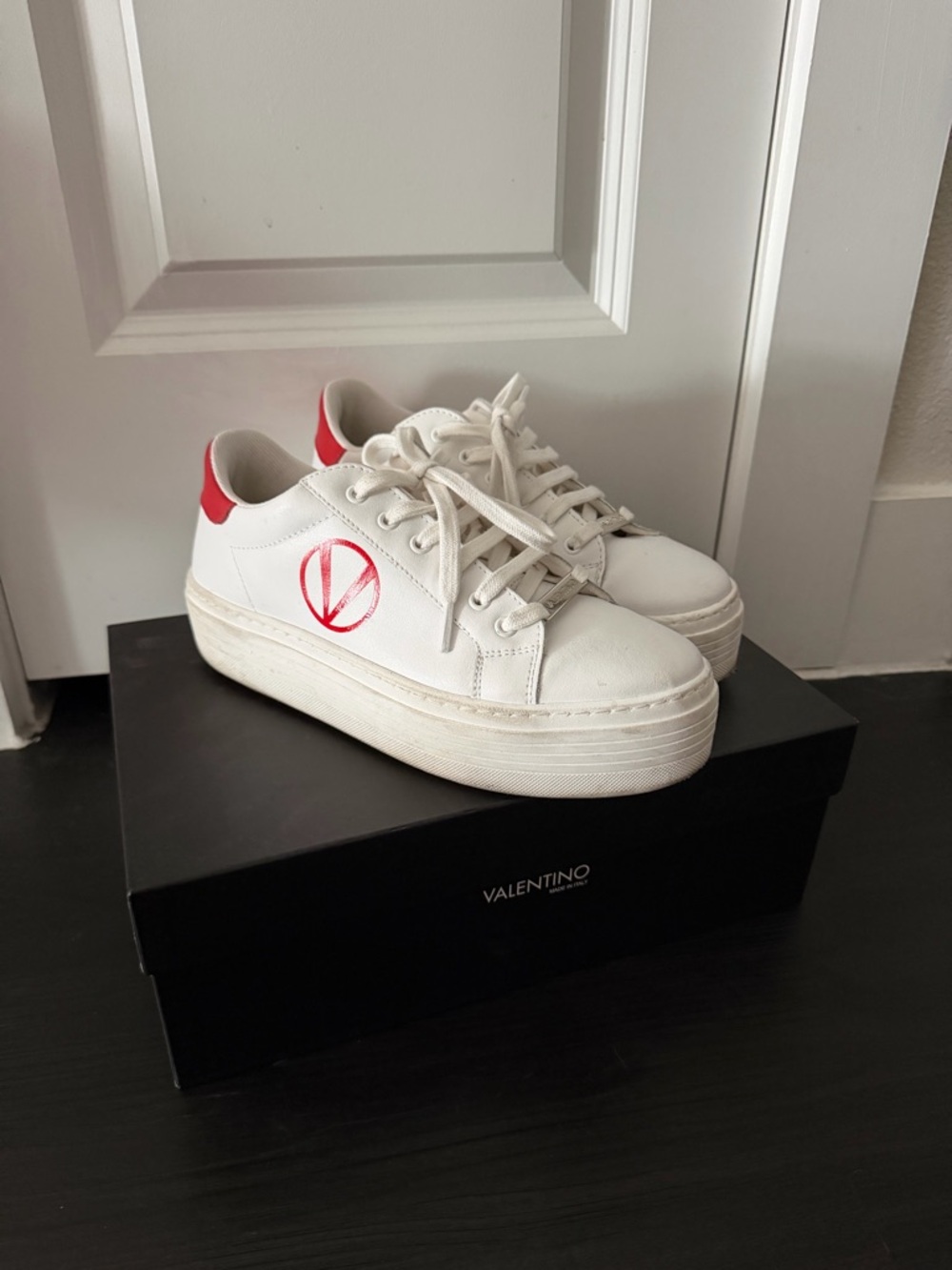 Valentino White Leather Platform Sneakers with Red Logo and Heel